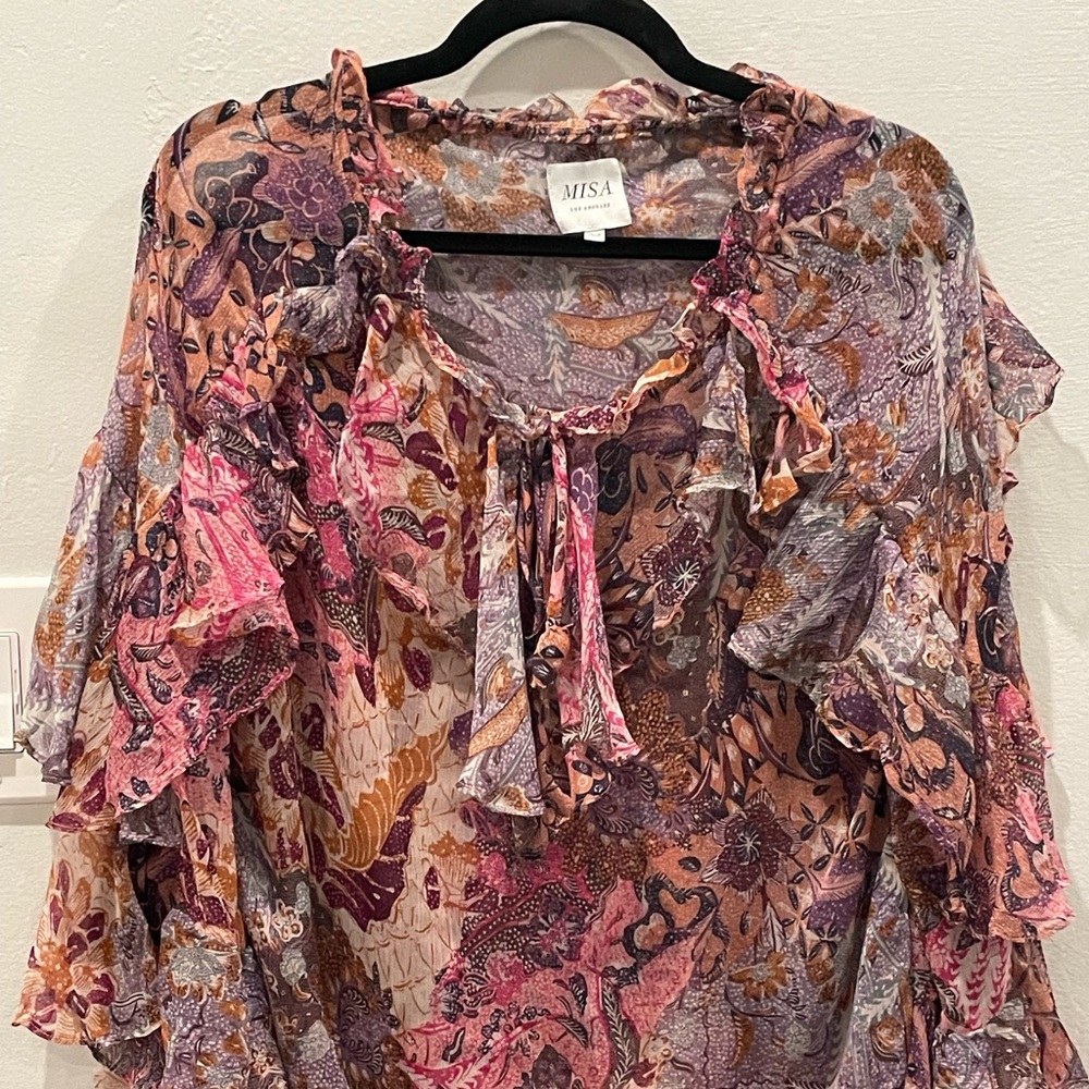 Misa Los Angeles Floral Print Chiffon Ruffled Blouse